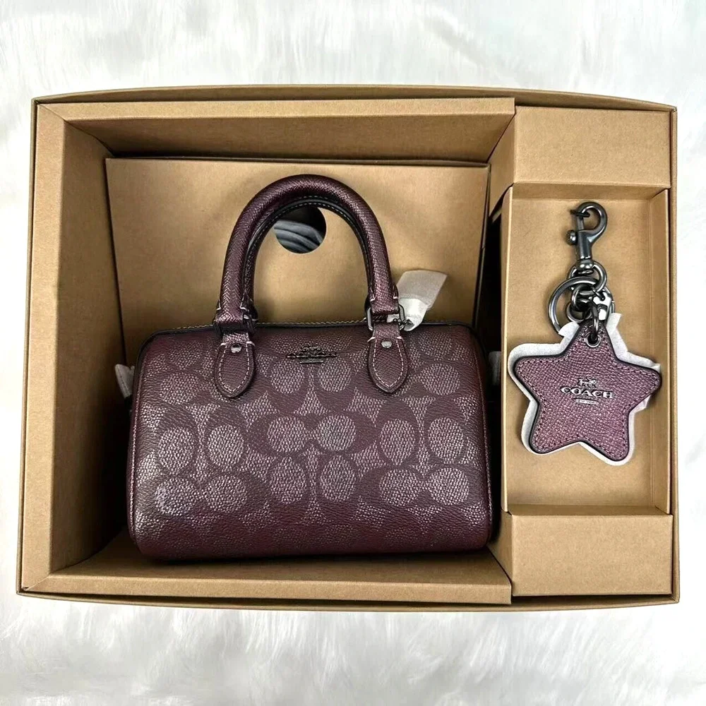 Coach Boxed Set Mini Rowan Crossbody Bag Mirror Charm Signature Canvas Wine NWT - Picture 1 of 13